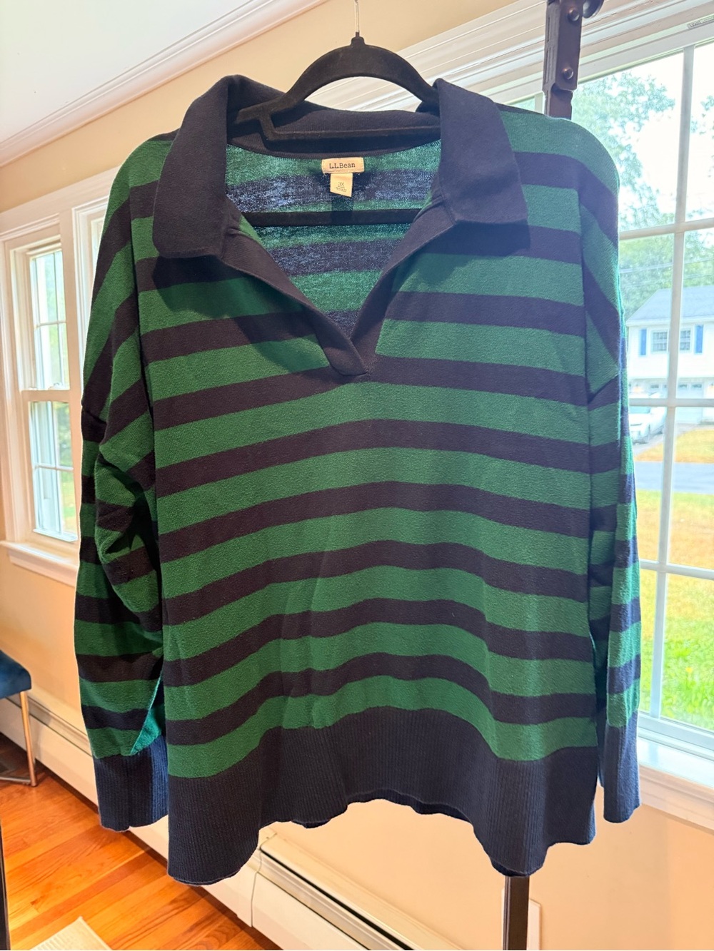 L.L. Bean Women’s Green and Navy Striped V-Neck Rugby Pullover
